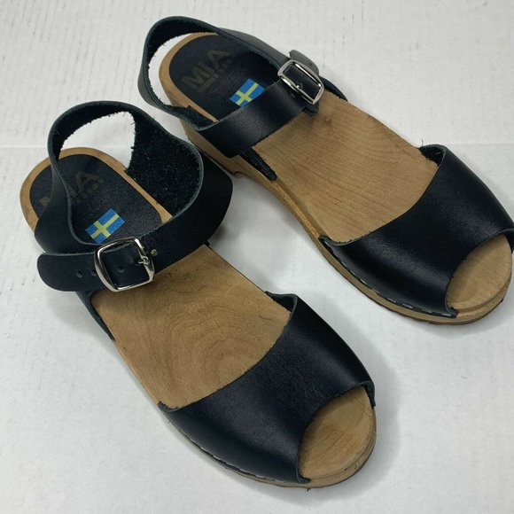 MIA Black Leather Wood Swedish Clogs Rubber Lug Soles EU 38 - Picture 2 of 10